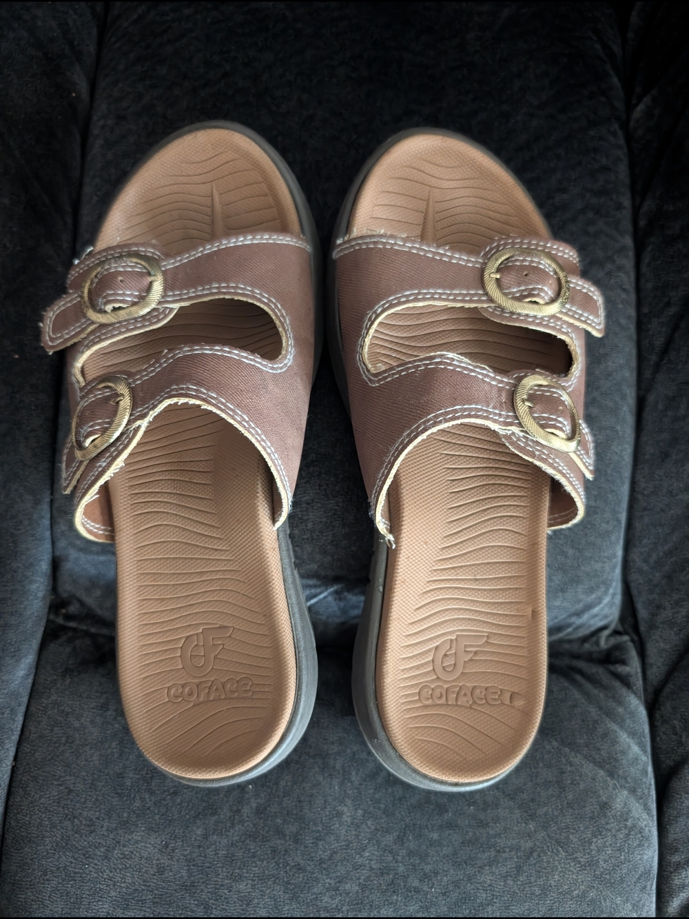 Comfort Slide Sandals with Double Buckle Straps - Brown